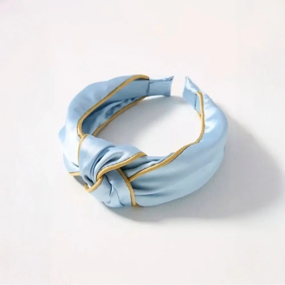 A346-C • Sky Blue Satin Knot Headband with Gold Trim